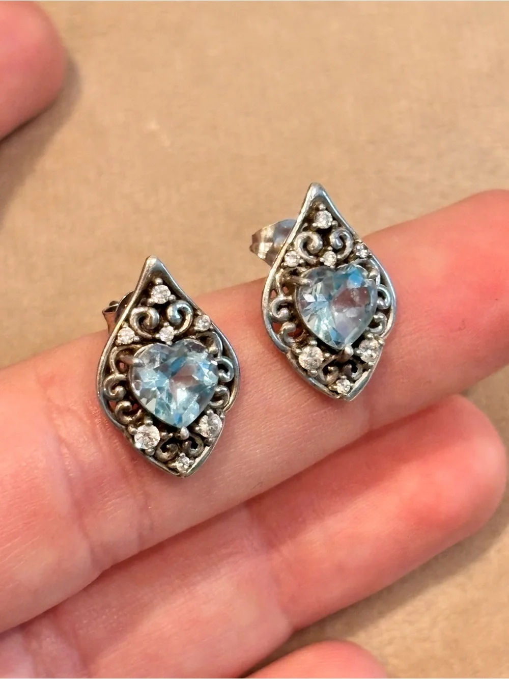 Vintage 925 Sterling Silver Aquamarine Heart Filigree Stud Earrings